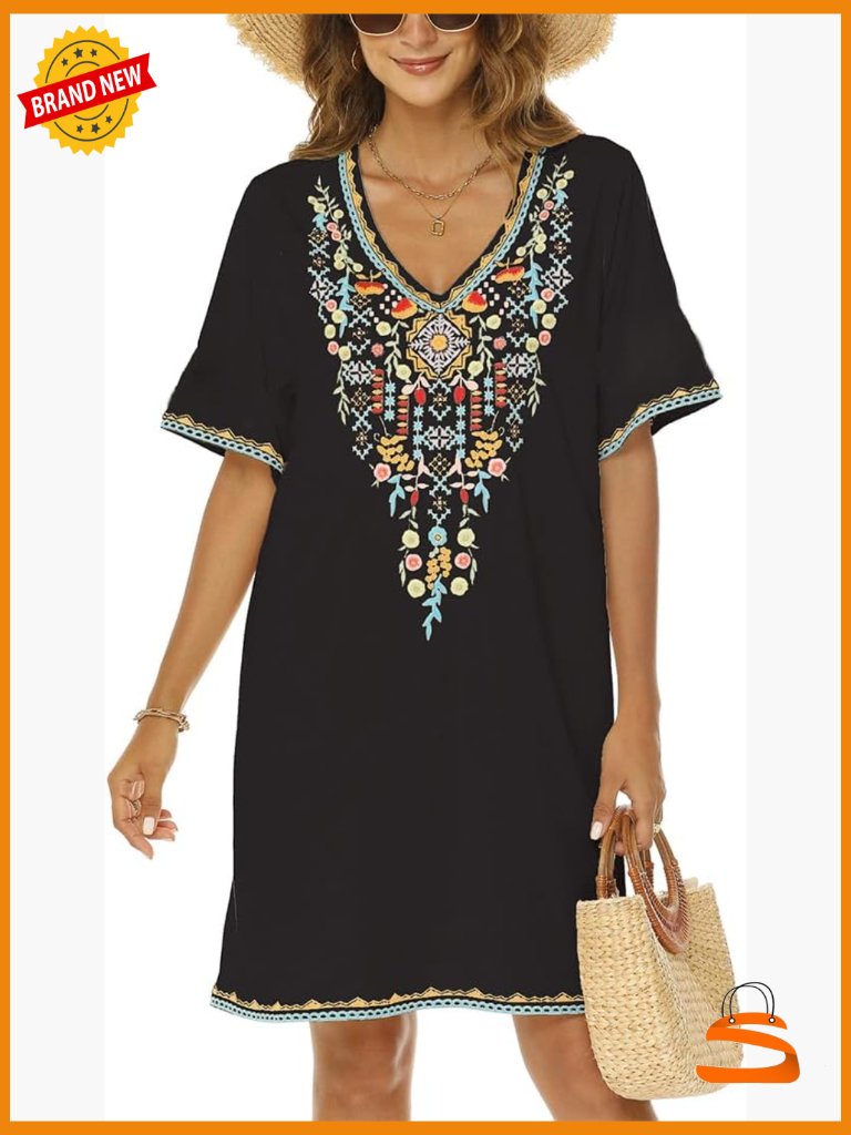 Boho Embroidered Floral Midi Dress V-Neck Short Sleeve Cover Up